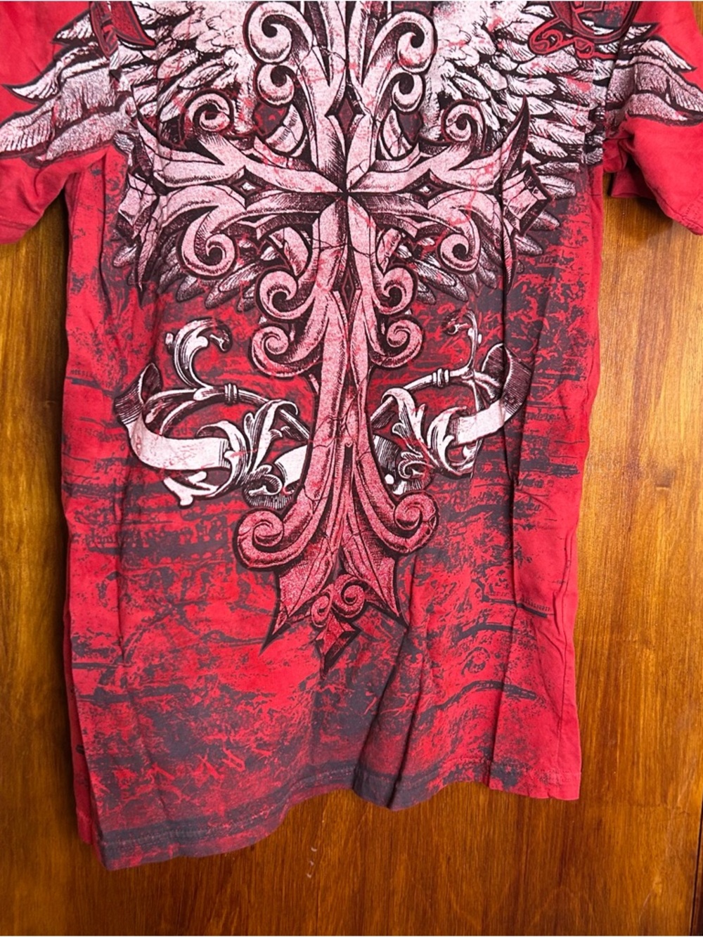 Affliction Short Sleeve Shirt Red Black Archaic Tee Graphic Print Cross Large - Picture 9 of 9